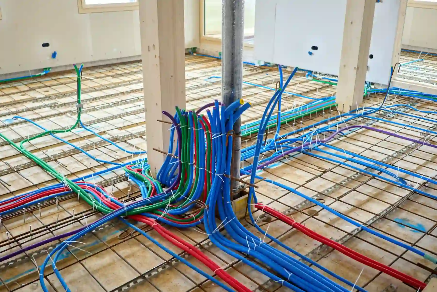 Instalaciones técnicas visibles de fontanería y electricidad durante remodelación integral